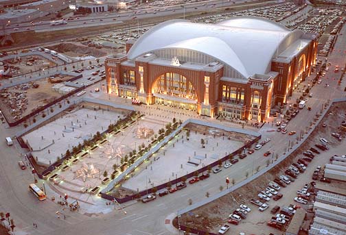 aerial view with sports arena